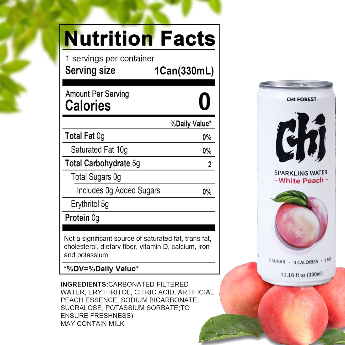 Chi Forest Sparkling Water,Caffeine free,Gluten free,Vegan,0 sugar,0 calories,White Peach Flavor,11.16 Fl oz,24 Cans