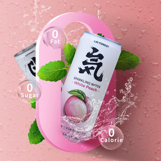 Chi Forest Sparkling Water,Caffeine free,Gluten free,Vegan,0 sugar,0 calories,White Peach Flavor,11.16 Fl oz,24 Cans