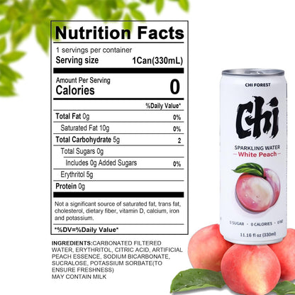 Chi Forest Sparkling Water,Caffeine free,Gluten free,Vegan,0 sugar,0 calories,White Peach Flavor,11.16 Fl oz,24 Cans