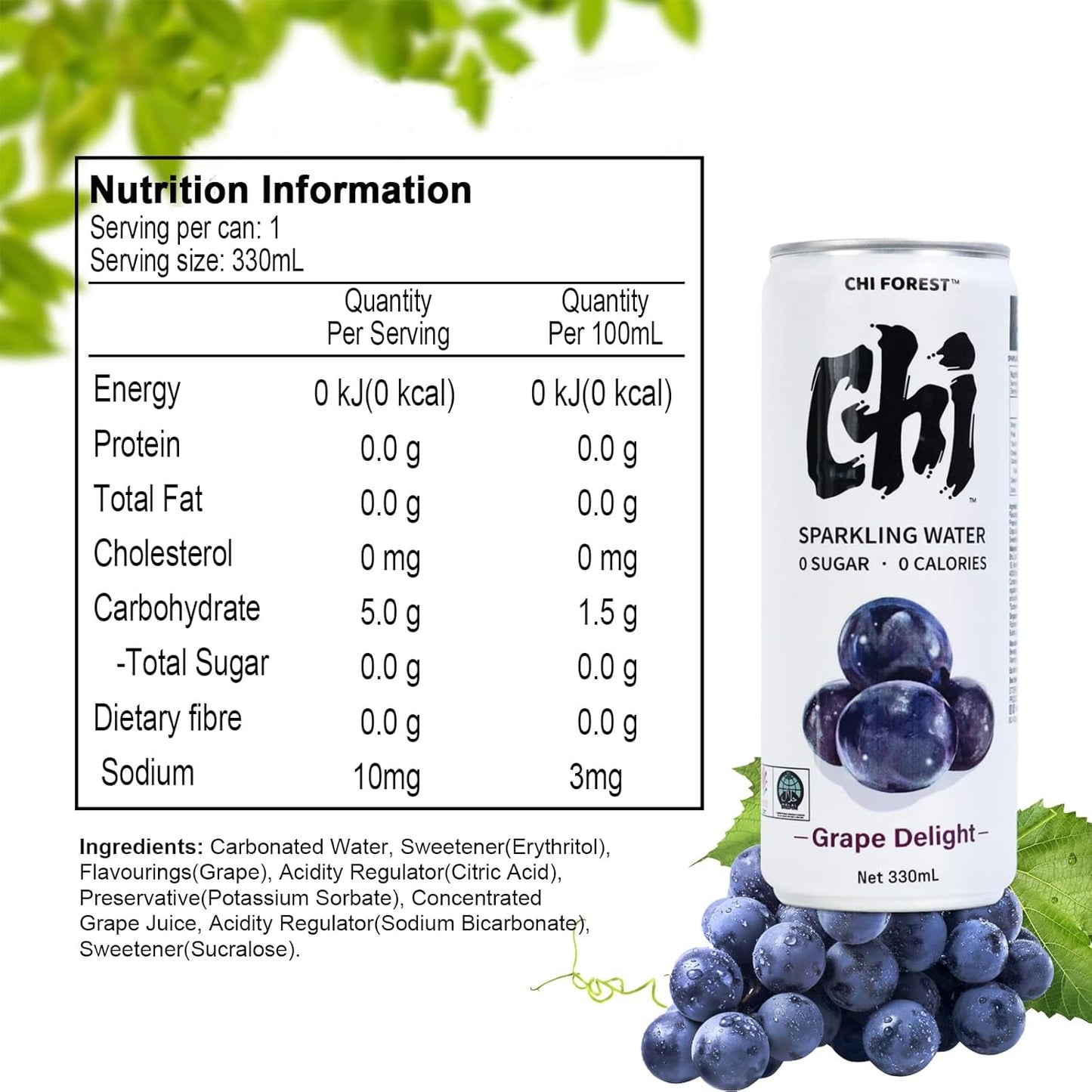 Chi Forest Sparkling Water,Caffeine free,Gluten free,Vegan,0 sugar,0 calories,Grape Delight Flavor,11.16 Fl oz,24 Cans
